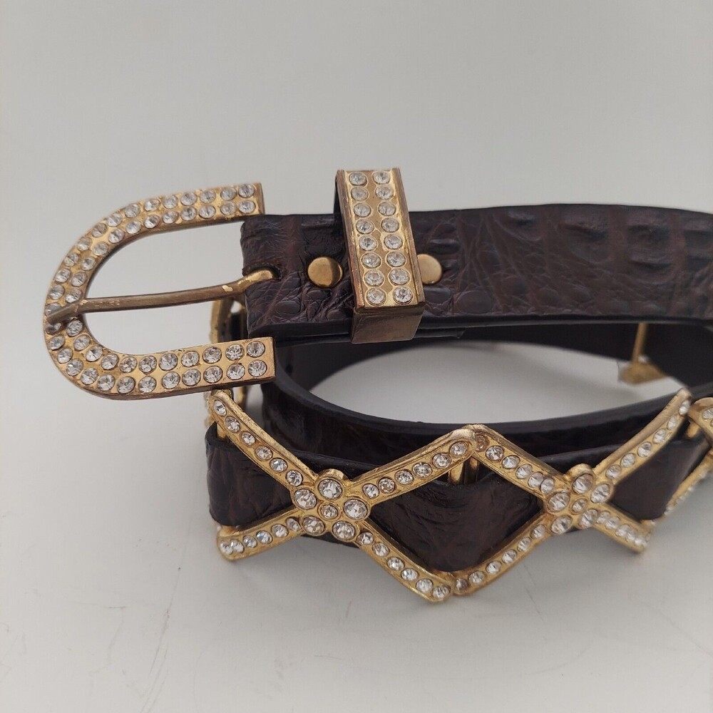 Rhinestone Bling Belt Gold Brown Faux Leather Women's M / L 38"